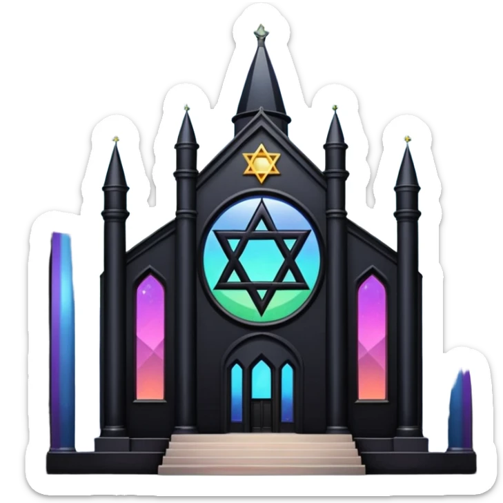 jewish synagogue temple in dark goth aesthetic style with black building and light rainbow tint glass windows and star of david and celestial symbolism sticker