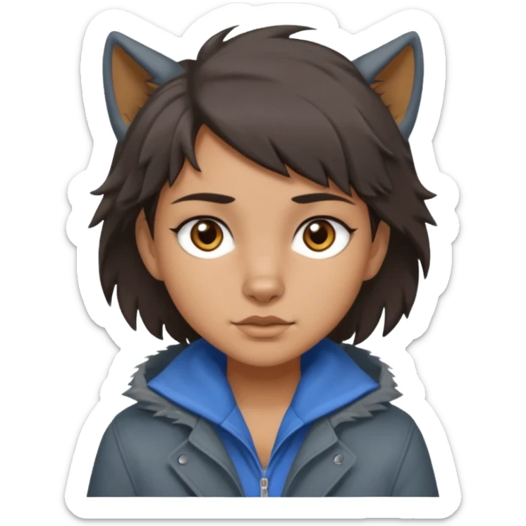 Hobo tomboy with dark brown hair in a wolf cut style, brown eyes, dirty dark grey coat, blue-grey shirt. sticker