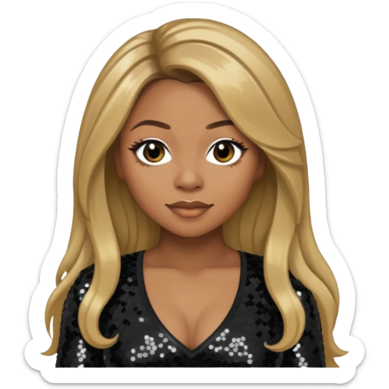 LaTavia Robeson with long dark blonde hair, black sequin outfit sticker