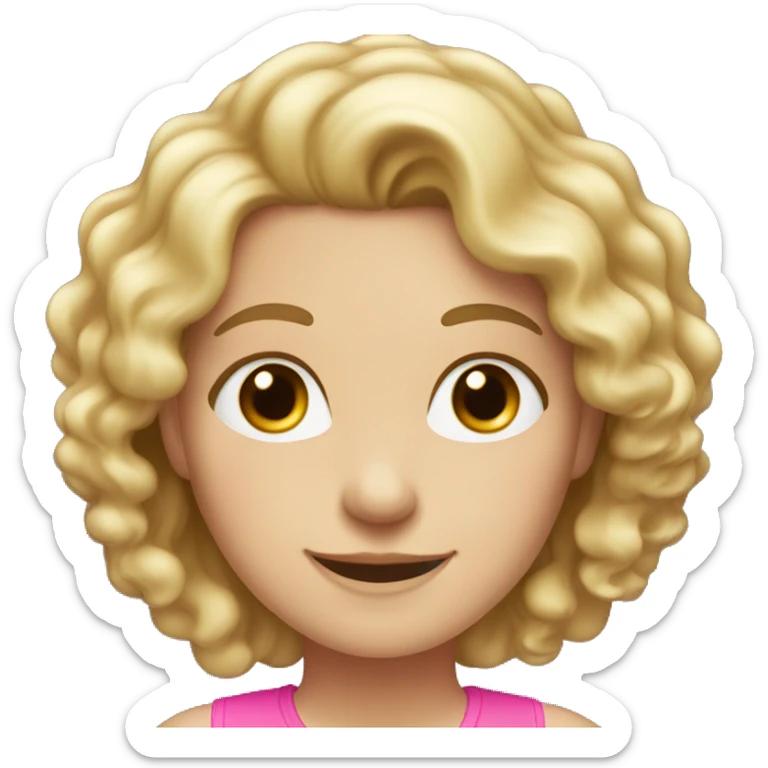 a white woman with blond curly long hair, brown eyes and smiling with a pink top sticker