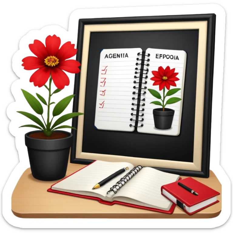 Cartel en español que diga F U E R A    D E    O F I C I N A y detrás un escritorio moderno, con una notebook, una agenda y una planta con una flor sticker