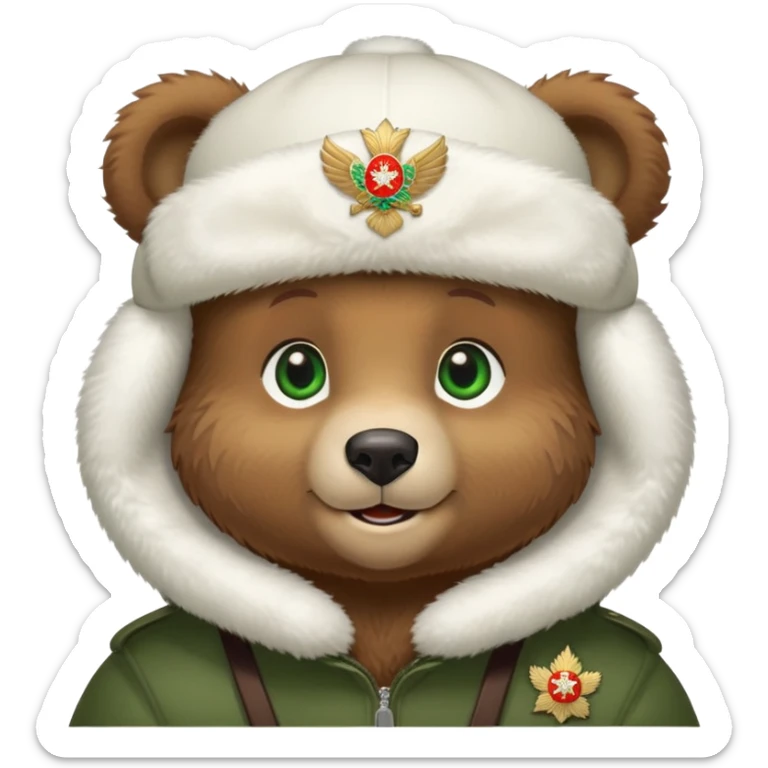Adorable brown bear cub with innocent green eyes and gentle smile, pure white fluffy ushanka hat with prominent Russian Federation emblem, iOS emoji style sticker