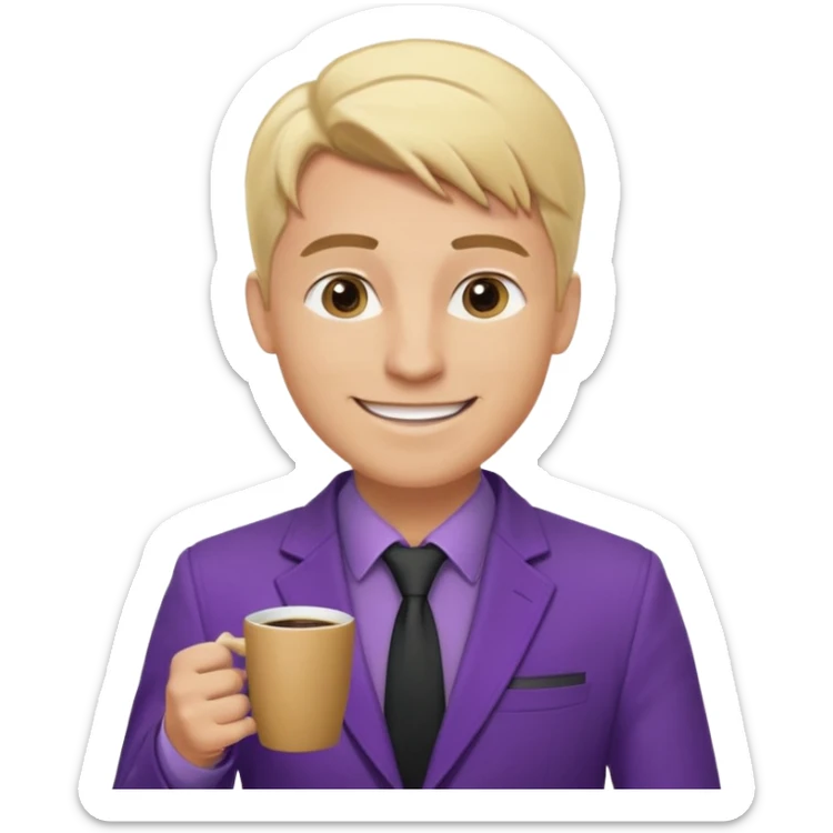 Confident and outgoing male entrepreneur, Caucasian features, blonde hair, big friendly smile, expressive eyes, defined eyebrows, wearing a purple blazer over a black shirt, holding a smartphone in one hand and a coffee cup in the other, waist-up, front-facing sticker