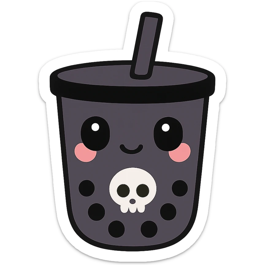kawaii style gothic boba tea, adorable face, black cup with skull motif, pastel purple background, blushing cheeks, cute and mysterious sticker