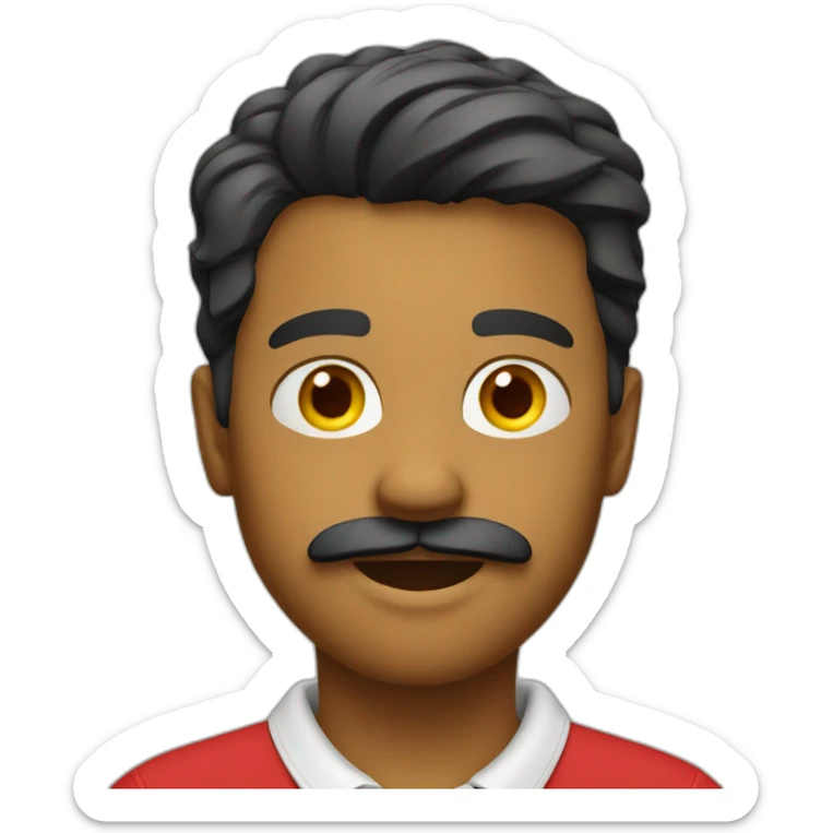 young man with a mustache and a red polo shirt with a yellow collar sticker