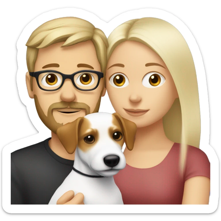 White blonde girl and a white men with brown hair, glasses, a little Beard and moustache, both cuddling a jack Russell sticker