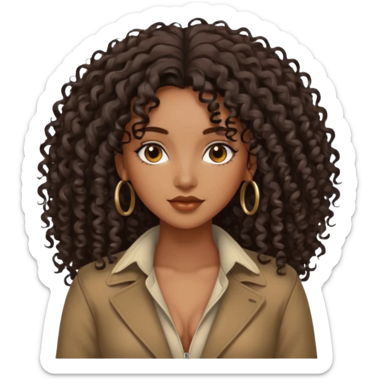 brown skinned lady with curly black hair, shoulder long hair, messy, nice curves sticker