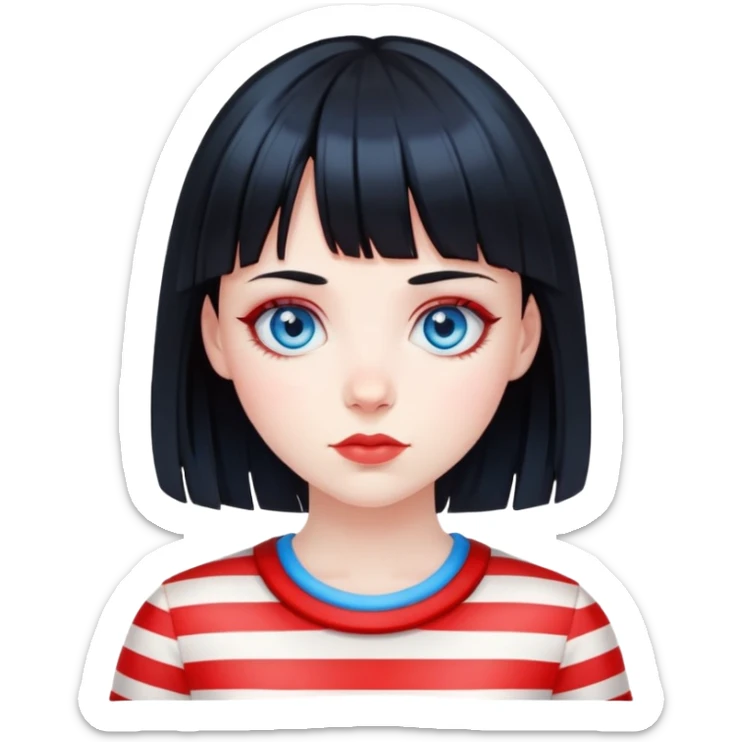 Pale girl with blue eyes, black hair with red stripes and bangs sticker