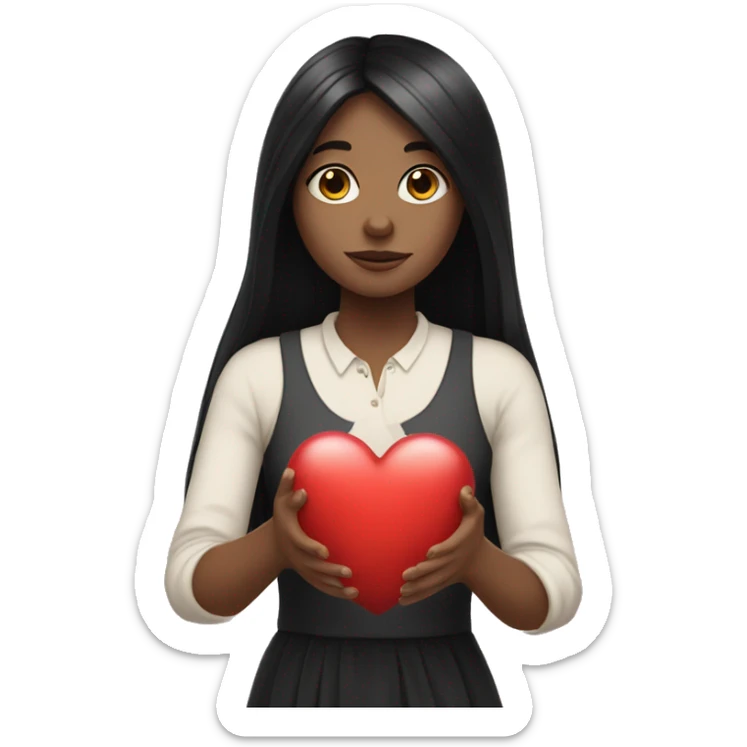 Pale girl with long black hair holding heart in her hands  sticker