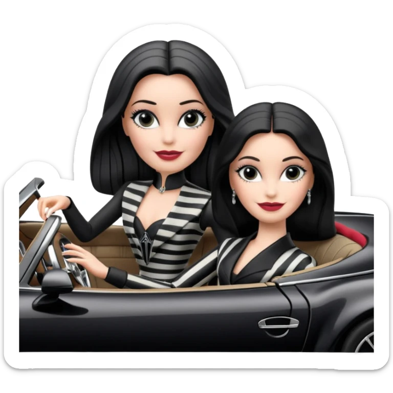 Darth Vader Barbie, 1910 teen Morticia Addams from academy, in dark-gray and black striped outfit. Smiling Driving Mercedes 450 convertible sports car. Pale-white porcelain skin.  sticker