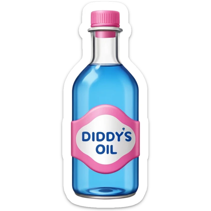 bottle of oil blue top pink outside with logo that says Diddys Oil sticker