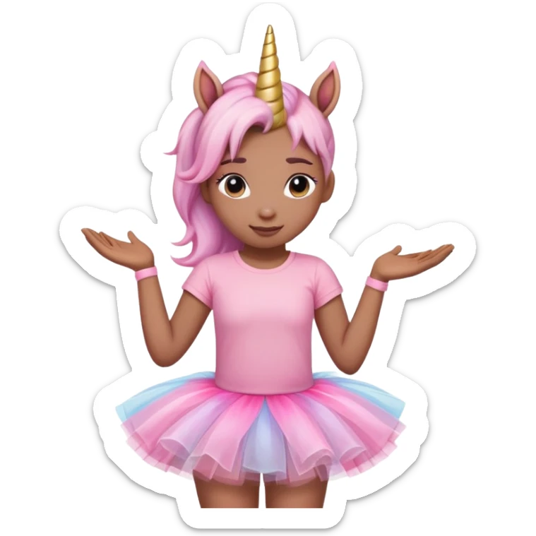 head and shoulders portrait of an anthropomorphised female unicorn in tutu and pink t-shirt, relaxed pose sticker