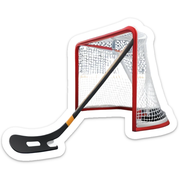 An icon showing a close-up of a hockey stick, puck, skates, and hockey net placed on the ice. The background features a packed stadium with bright lights, cheering fans, and snowy scenery outside. Transparent background highlights the key elements of the game. sticker