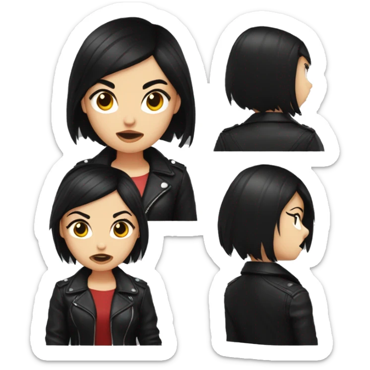 girl, short black hair, with cat ears, red eyes, black collar on neck, wearing leather black jacket, angry sticker