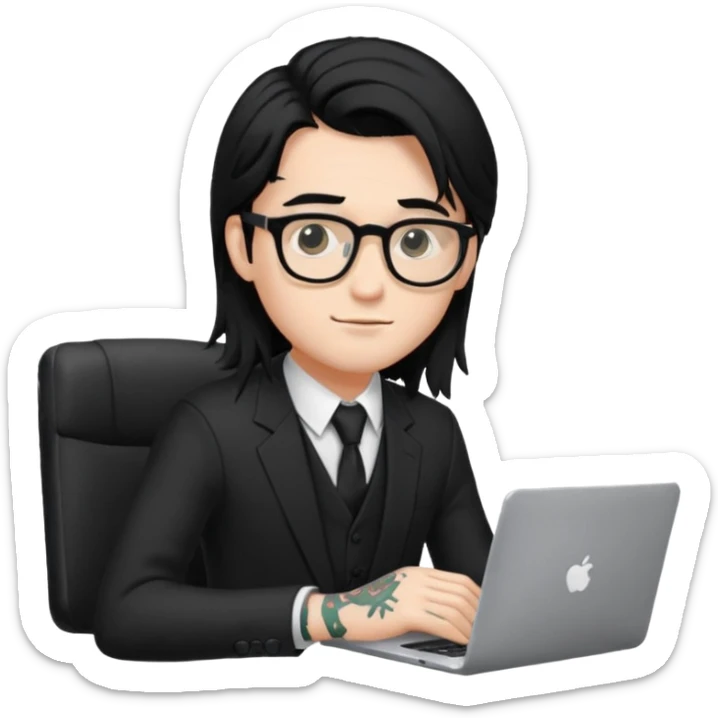 a young man with long black hair, with formal cloth, wearing glasses sitting with a laptop, tattoo inyout arms sticker
