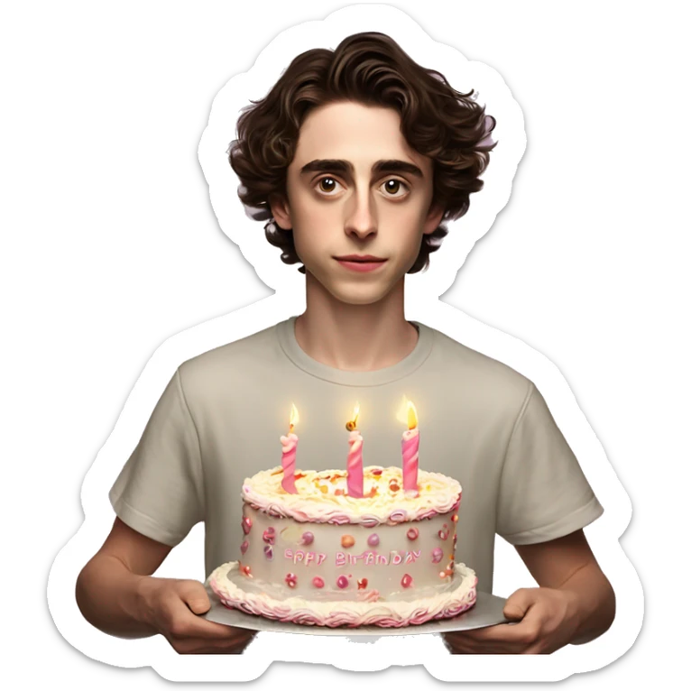 timothe chalamet carrying an extravagant birthday cake with candles spell out “Zoe 22nd birthday” sticker