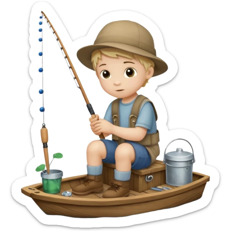 Little boy on the dock fishing, felt texture, scrapbooking, precious moments style character sticker