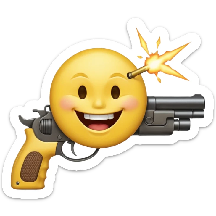 Yellow laughing face pointing gun at its own mount. The barrel of the gun is pointed towards the smile into the mouth. The back of the gun faces the viewer sticker