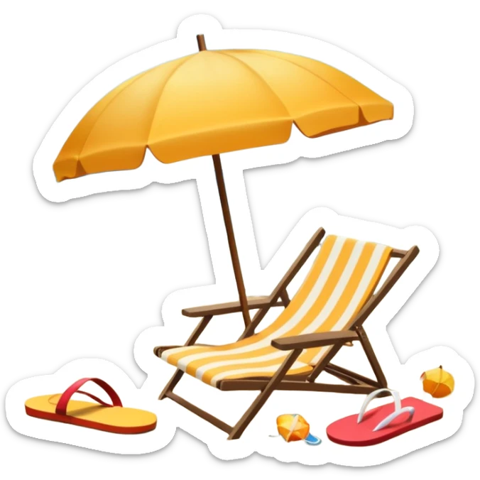 Icon for Beach Tourism: a sunny beach with the sea and waves, a lounge chair, a sun umbrella, and flip-flops on the sandy shore. The background should be a clear, vibrant ocean view with the sun shining brightly. Transparent background. sticker