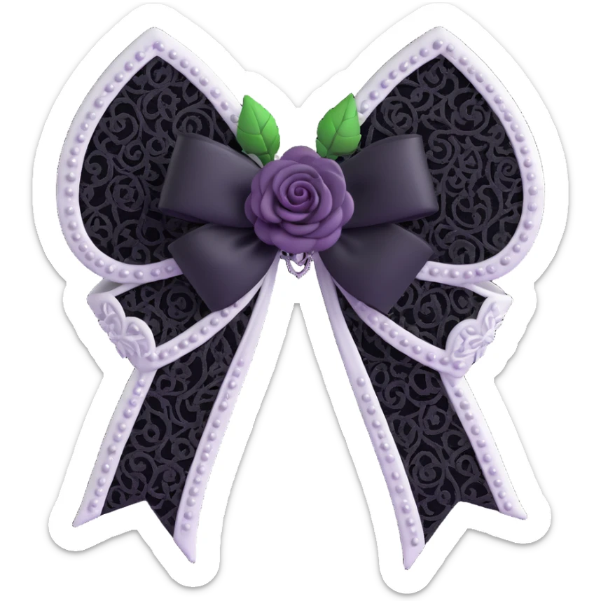 3D emoji gothic bow, white velvet, silver filigree, black lace trim, black rose center, dark pearl accents sticker