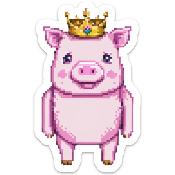 minecraft pig full body pink blocky animal with square head wearing a crown sticker