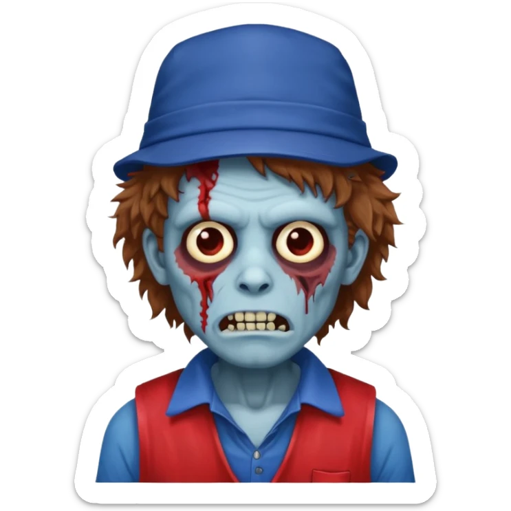 brown fluffy hair zombie with blue and white hat dark blue jilet red t shirt sticker
