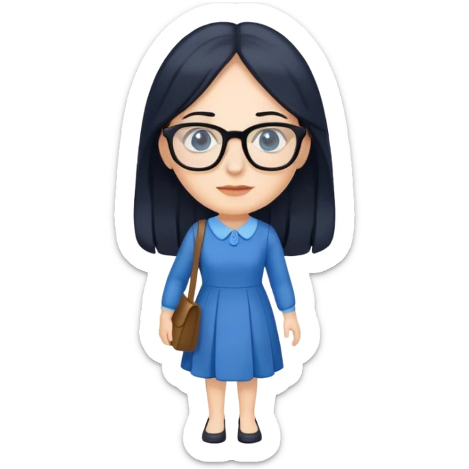 pale female teacher with long black hair, wearing glasses and blue dress walking sticker