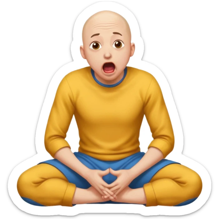 Bald masochist on his knees, frightened with his tongue out, looking up sticker