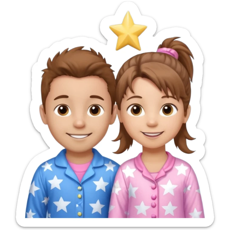 4 year old brown spikey haired boy with blue pajamas with stars on them and a 1 year old brown haired pony tail girl with pink pajamas, and stars on them with light skin. Top left on, can you make them smile more with lighter skin sticker