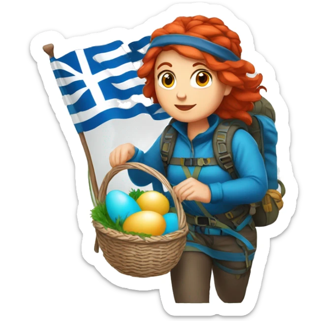 Greek Female winter mountaineer red hair white skin climbing with Greek Flag and Easter eggs basket sticker
