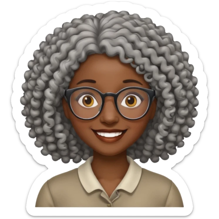 smiling dark black woman wearing glasses with lots of curly gray hair a sticker