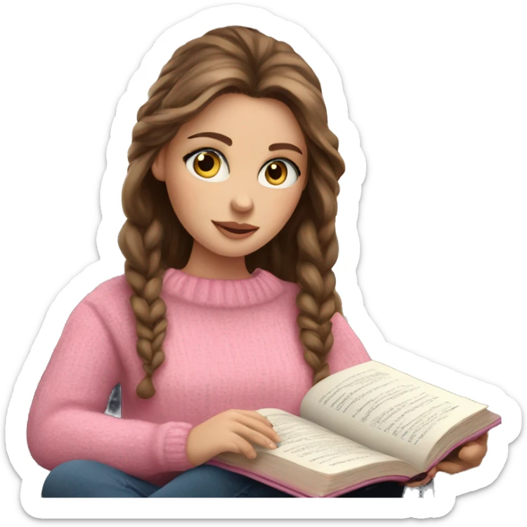 Pretty white girl with blue eyes and brown hair in pink cozy sweater reading book sticker