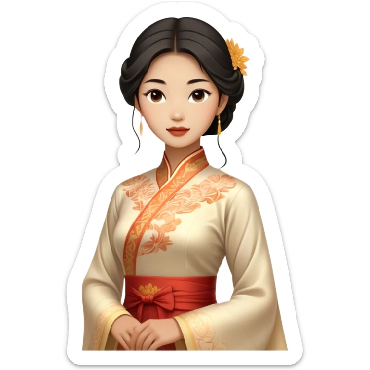 Cinematic Realistic Áo Dài Portrait Emoji, depicted as an elegant traditional Vietnamese dress with flowing graceful lines and delicate patterns, rendered with rich textures and soft ethereal lighting that captures its timeless beauty. sticker