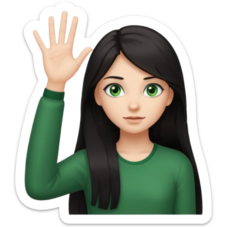 Animated girl dark long hair green eyes emoji holding right side of the head with her hand with duh facial expression , hand on her head sticker