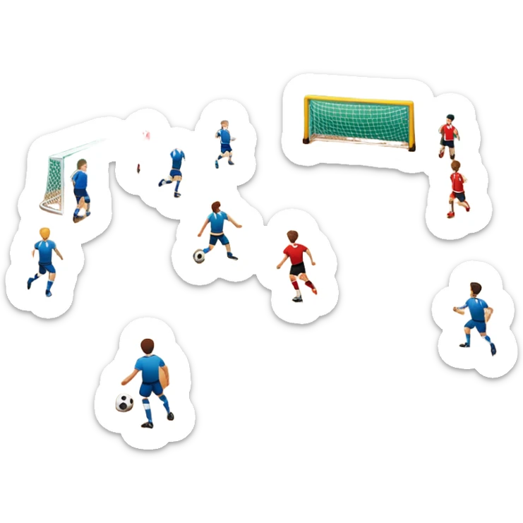 A mini-football match in an indoor sports hall with wooden flooring and clear field markings. The scene shows a vibrant game in action, with players positioned on the court, the goalposts visible, and the atmosphere filled with energy and focus. sticker