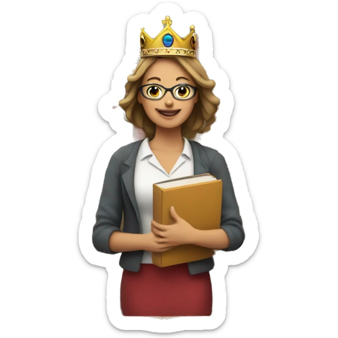 a relaxed female teacher who is on the top wearing a crown, enjoying the best life, surrounded by books  sticker