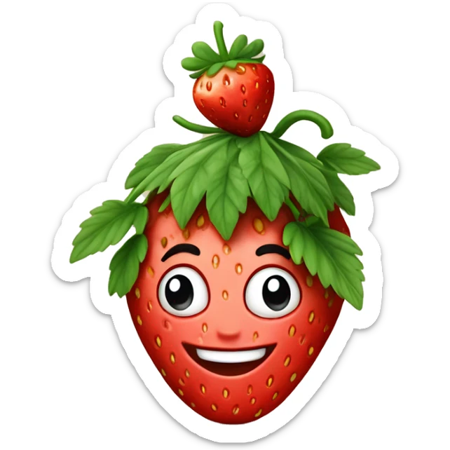 a happy strawberry with weed leaf hair in the style of 1950s cartoon sticker