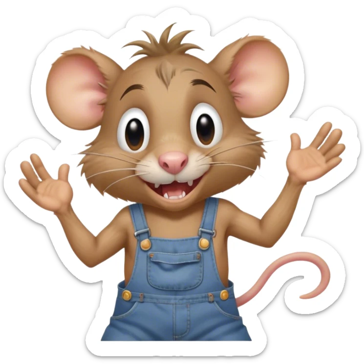disheveled dizzy cartoon hillbilly rat wearing overalls no shirt. standing and talking full body. human eyes. teeth showing talking. walking talking moving arms. reacting sticker