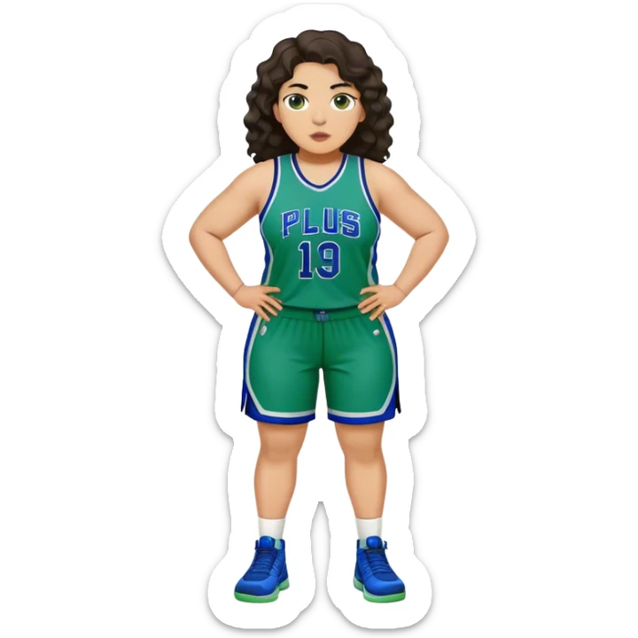 full body plus size light skin latino women basketball player with wavy dark hair large wide nose wearing blue with green uniform sticker