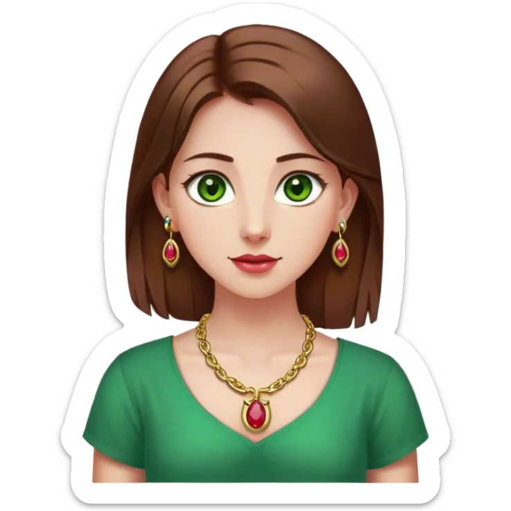 Clean Girl with straight brown hair, green eyes, small ruby earrings, gold small horse shoe necklace, ruby colored shirt sticker