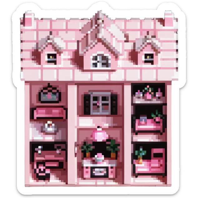 cute pastel pink dollhouse with miniature furniture sticker