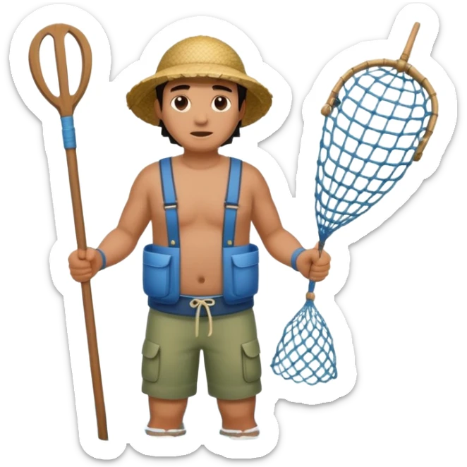 A Polynesian fisherman standing in the water with a net full of fish. The fisherman has empty hands and is standing in the water. sticker