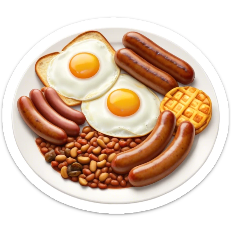 English Breakfast Cinematic Realistic English Breakfast Dish Emoji, depicted as a hearty plate featuring 2 sizzling sausages, a central serving of baked beans, 2 perfectly fried eggs, 2 sliced grilled tomatoes, 2 grilled mushrooms, and a triangle-shaped hash brown, rendered with vivid textures and warm, inviting lighting. sticker