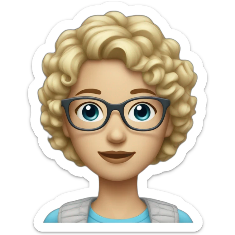 Short curly blond hair girl with blue-gray eyes and square glasses sticker