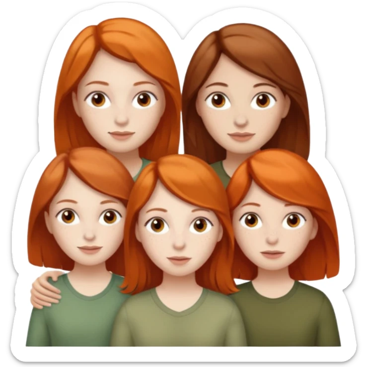 Give me a mom with neutral brown hair, white. Two twin sisters, one with pale skin, freckles, orange hair. The other is a dark brunette, with olive skin. sticker
