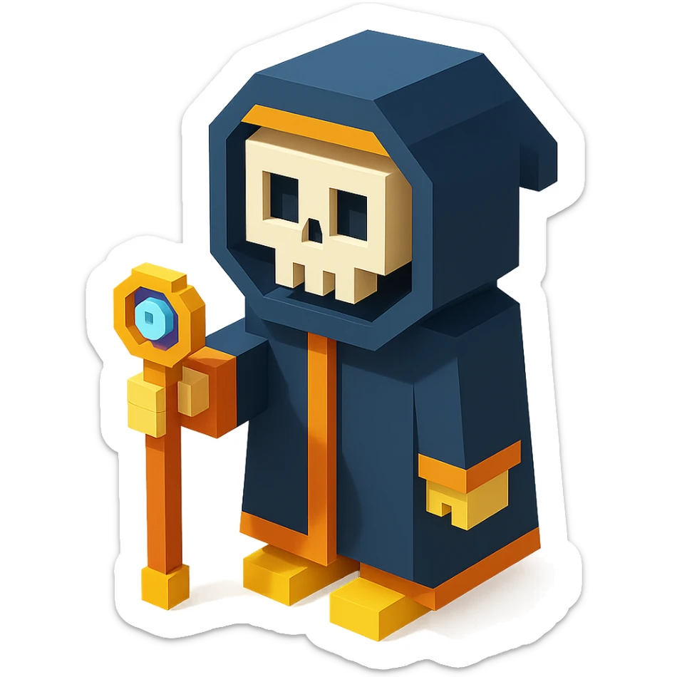 a skeleton man in a dark cloak, holding a steampunk cane, voxel style sticker