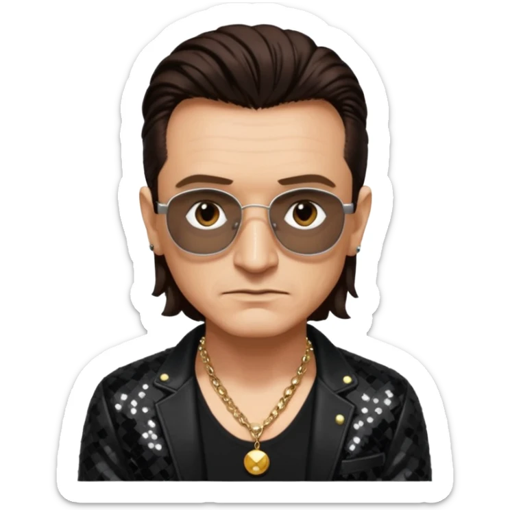 Bono with black sequin jacket, black shirt with necklace, dark brown medium hair sticker