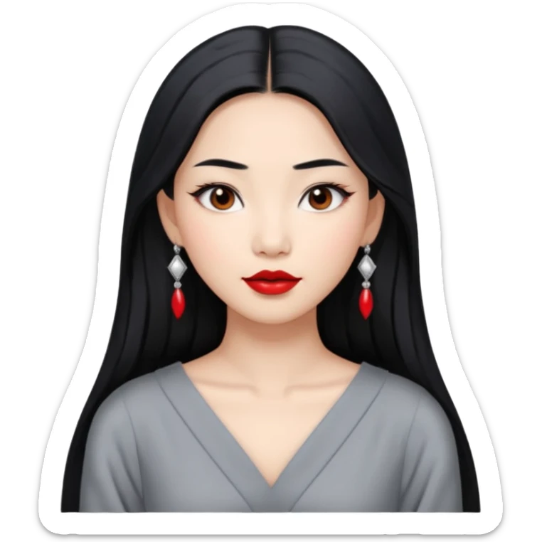 30 yr old asian woman, middle parted straight long black hair, very pretty, fancy grey dress, earings, red lipstick, silver earings sticker