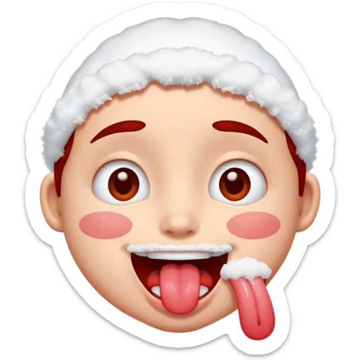 Someone got hit with a snowball and has snow on their face but is happy and smiling with their tongue out but their eyes are red sticker