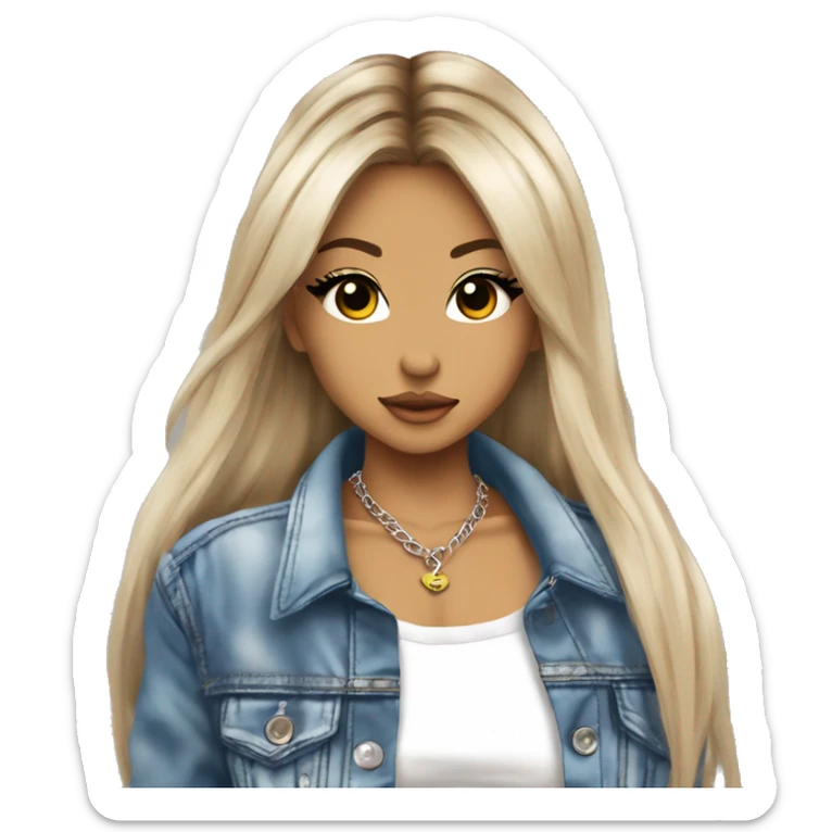 hime gyaru girl, tattoos, long straight hair, white v neck tee with grunge jean jacket sticker